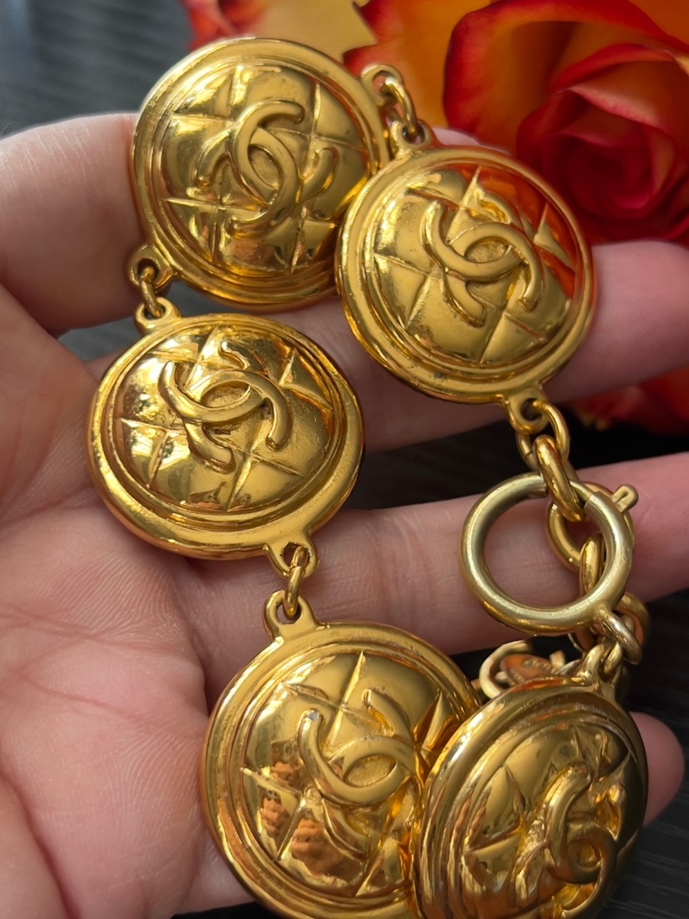 Vintage CHANEL Goldtone A13 Quilted Medallion Bracelet Karl Lagerfeld Era